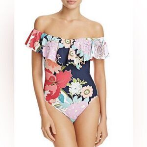 Trina Turk Royal Botanical Off-Shoulder One Piece Swimsuit